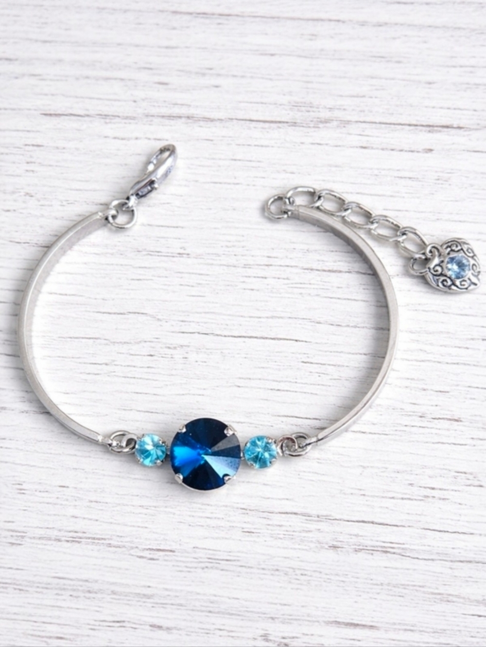 Rhodium Bar Bracelet with Blue Crystals - Hand Crafted